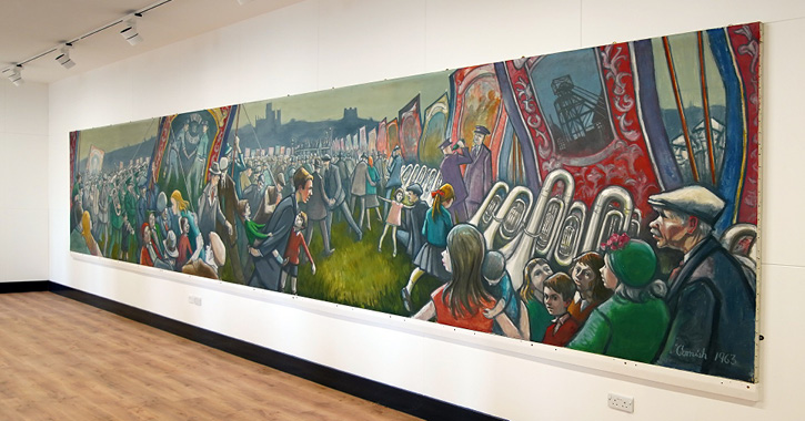 Norman Cornish Miners Gala Mural on display at Bishop Auckland Town Hall